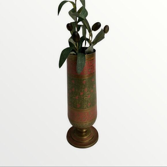 Vintage Other - Vintage Etched Enamel Brass Footed Urn/Vase Red and Green Floral